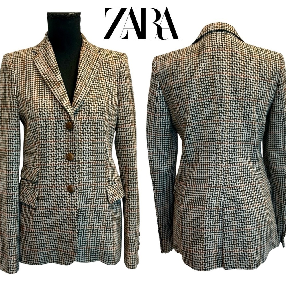 Zara tan brown houndstooth check plaid single breasted button front blazer Sz XS